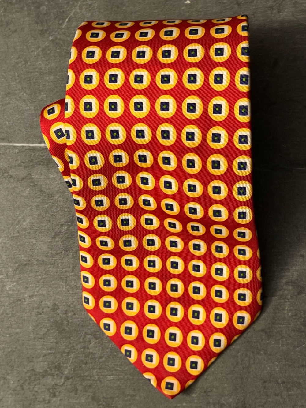 Lands' End Red Geometric Medallion Silk Tie with Yellow and Navy Accents
